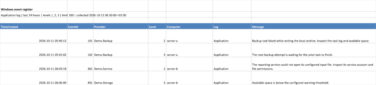 Excel event register retaining timestamps, providers and messages