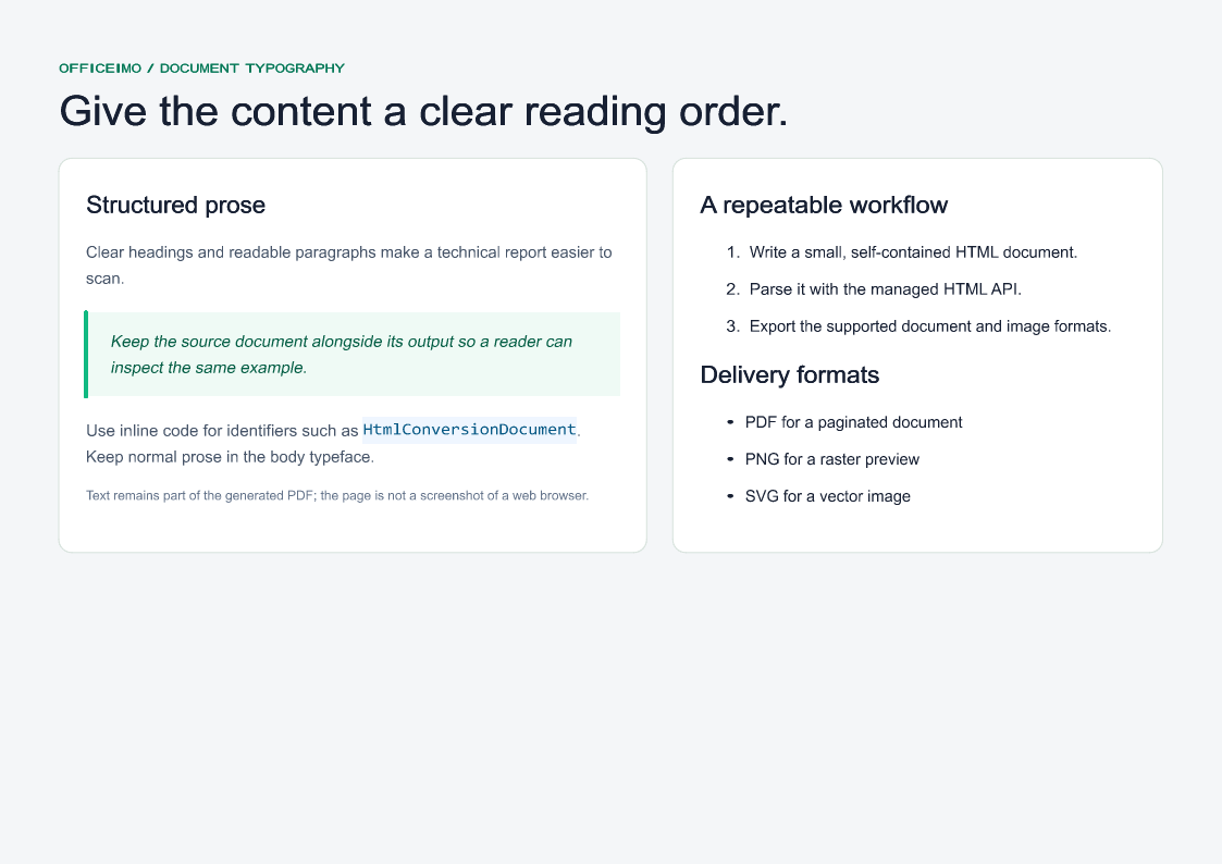 Readable prose and structured lists rendered by OfficeIMO