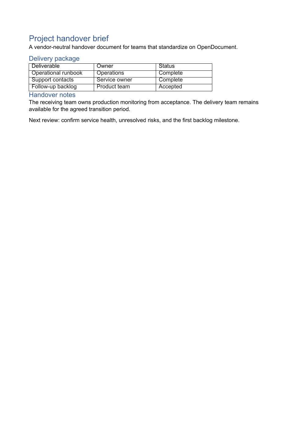 Independent first-page render of the generated OpenDocument project handover PDF