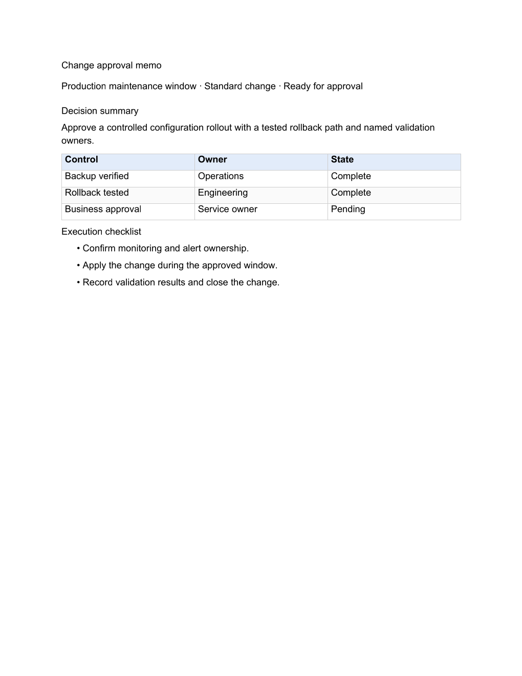 Independent first-page render of the generated RTF change approval memo PDF