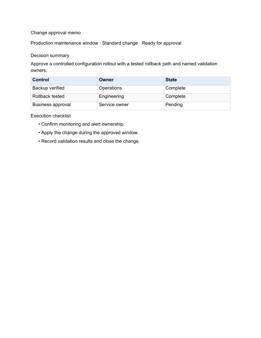 Independent first-page render of the generated RTF change approval memo PDF