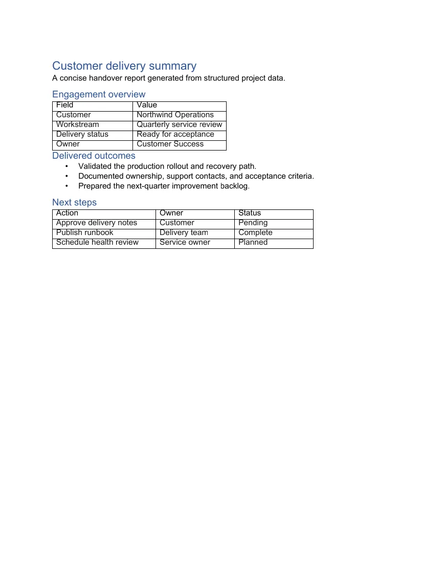 Independent first-page render of the generated customer delivery summary PDF