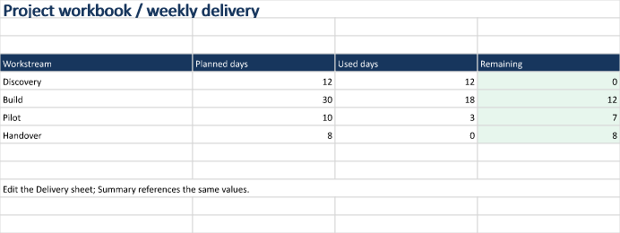 Generated Excel example: A project workbook with a summary