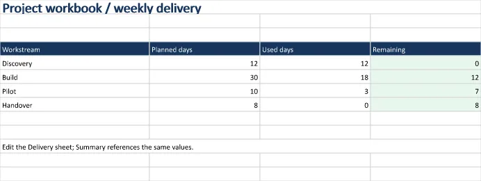 Generated Excel example: A project workbook with a summary