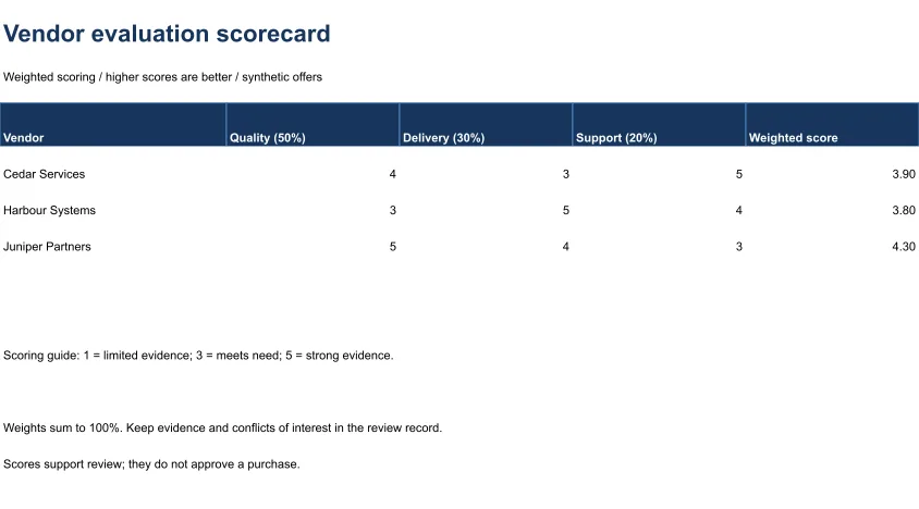 Generated Excel example: Weighted vendor scorecard