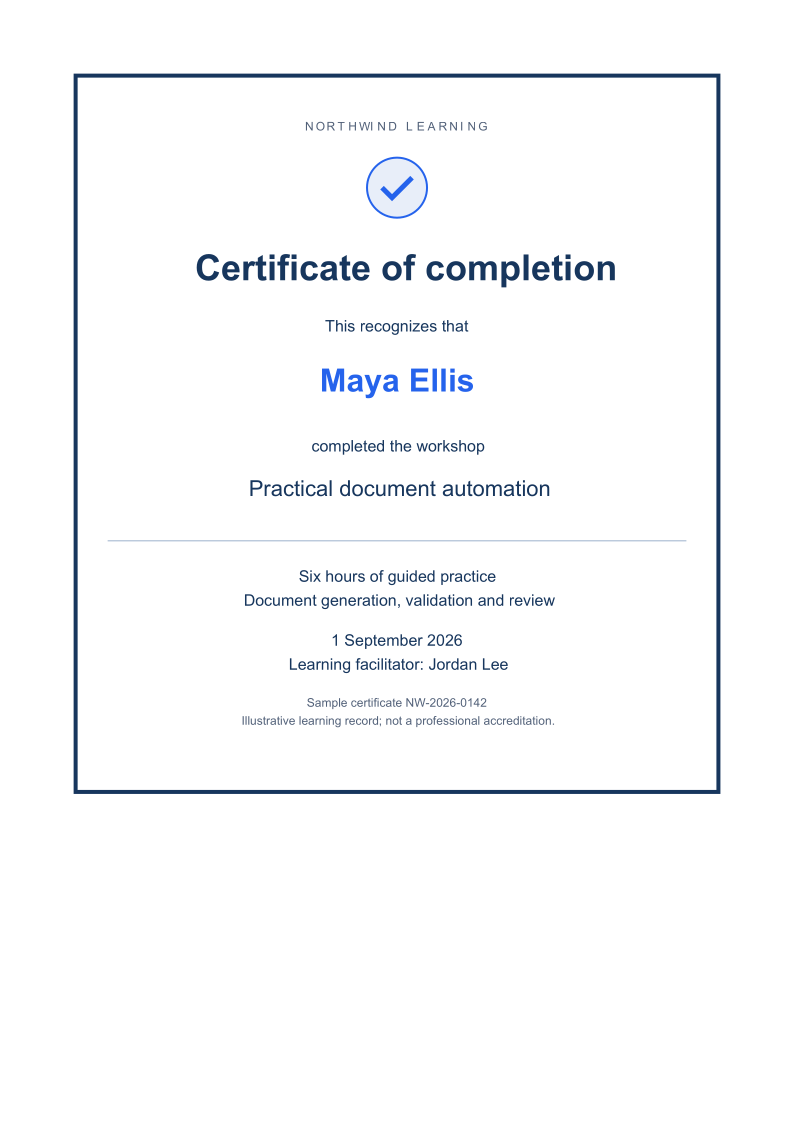 Generated HTML example: Personalized course certificate