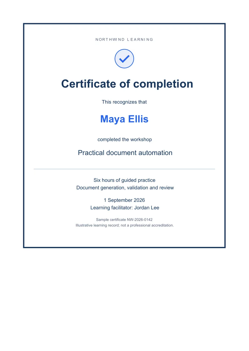 Generated HTML example: Personalized course certificate