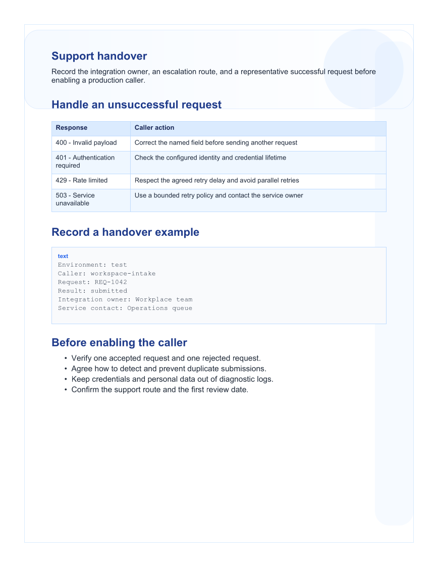 An API handover guide: Page 2: integration and support