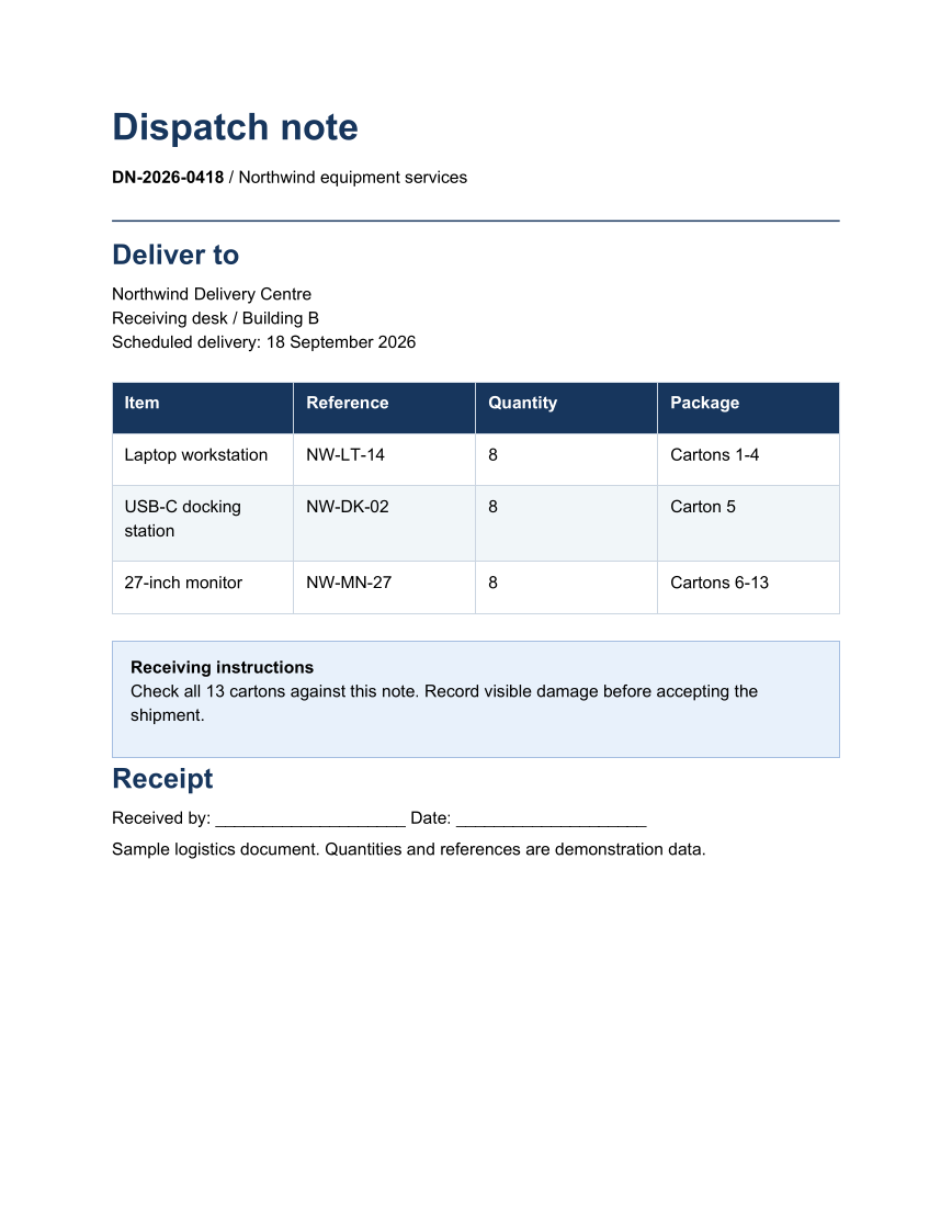 Generated PDF example: A PDF dispatch note