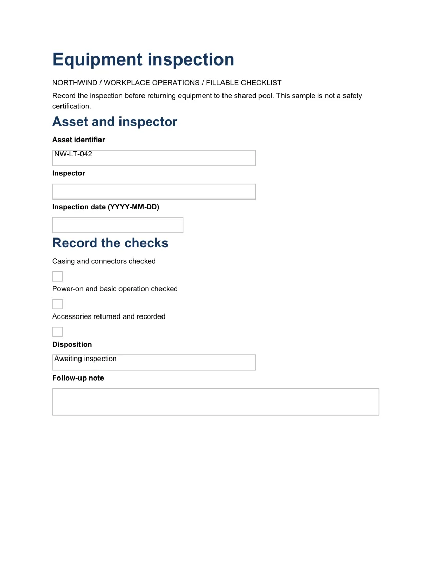 Generated PDF example: Fillable equipment inspection