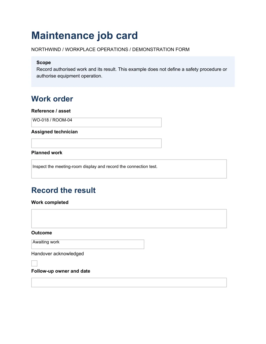 Generated PDF example: Fillable maintenance job card