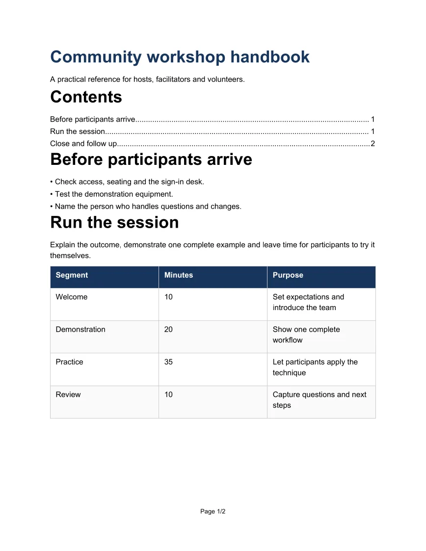 Generated PDF example: Handbook with a linked contents page