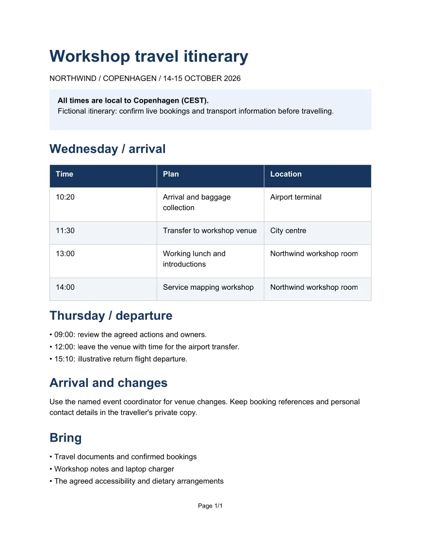 Generated PDF example: Travel itinerary and arrival brief