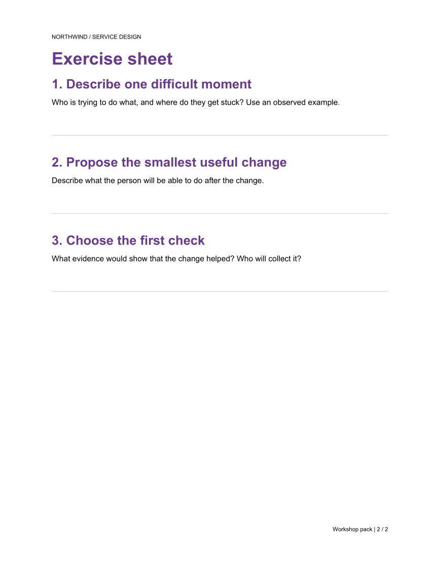 A two-page workshop pack: Page 2: exercise sheet