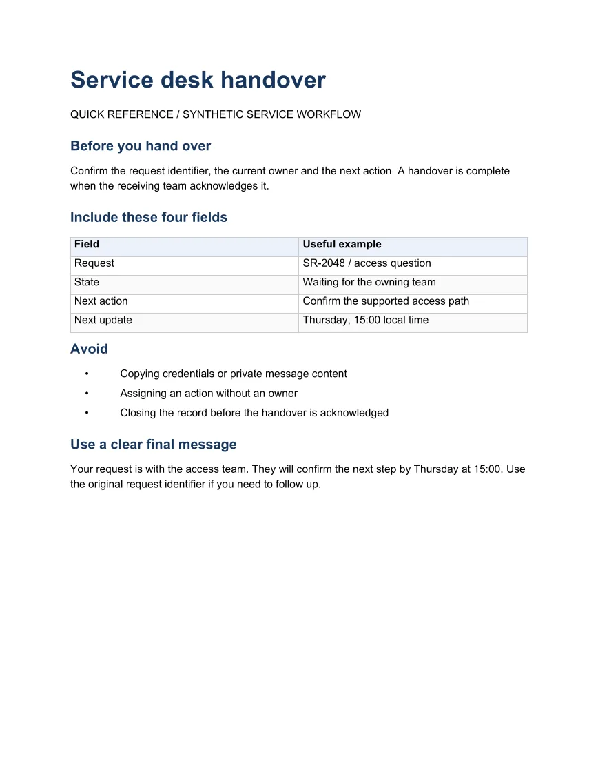 Generated RTF example: Service desk handover reference