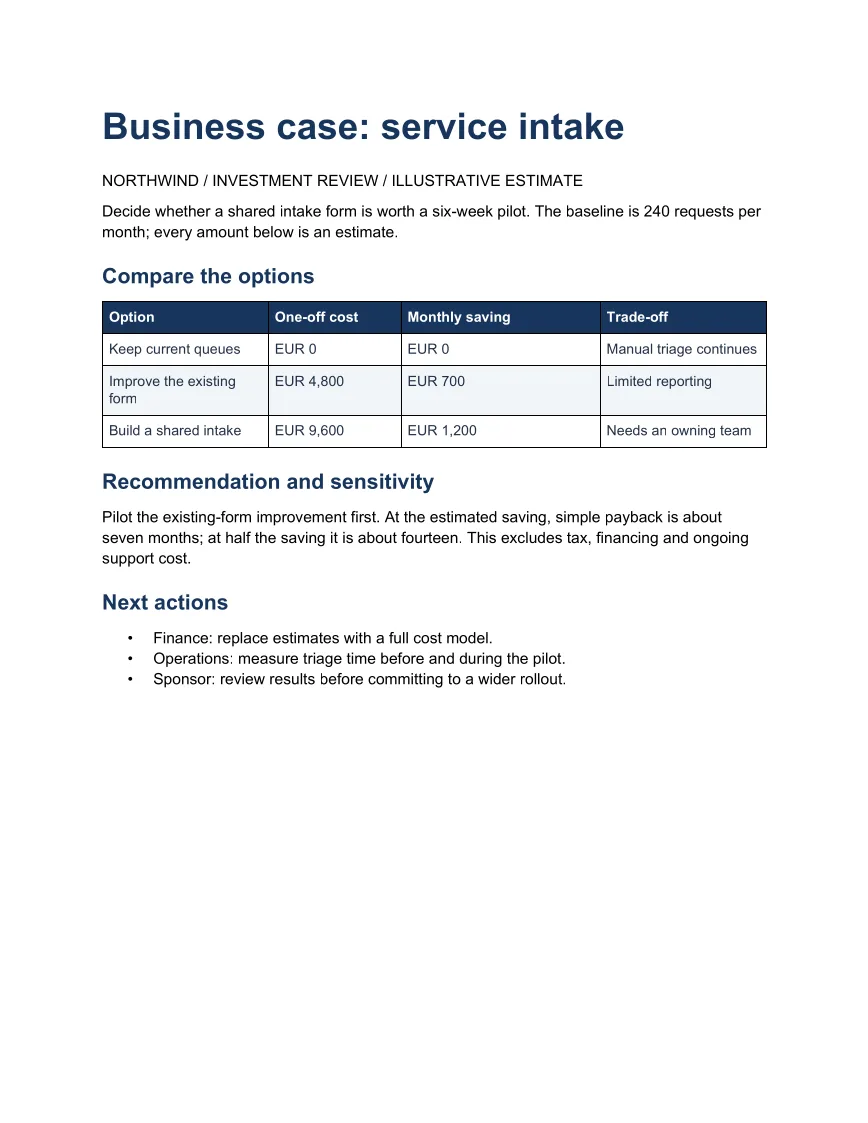 Generated Word example: Business case with cost options