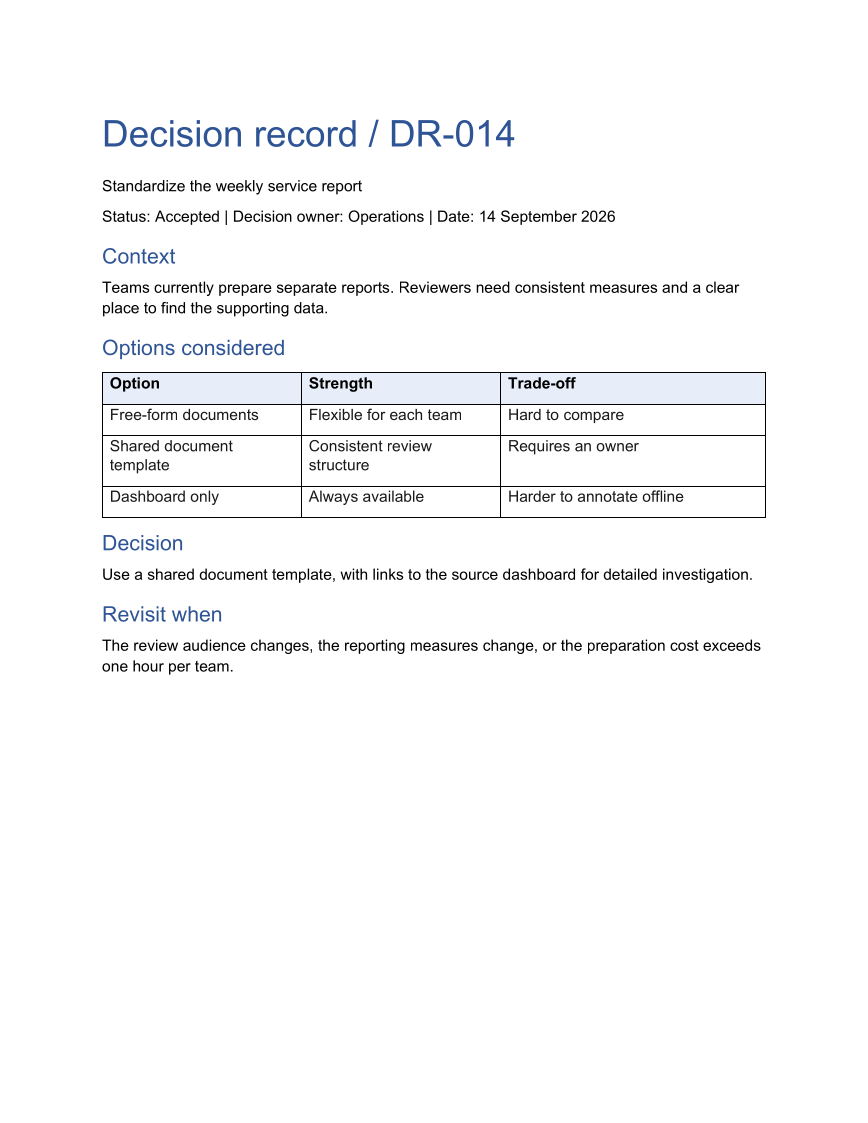 Generated Word example: An editable decision record