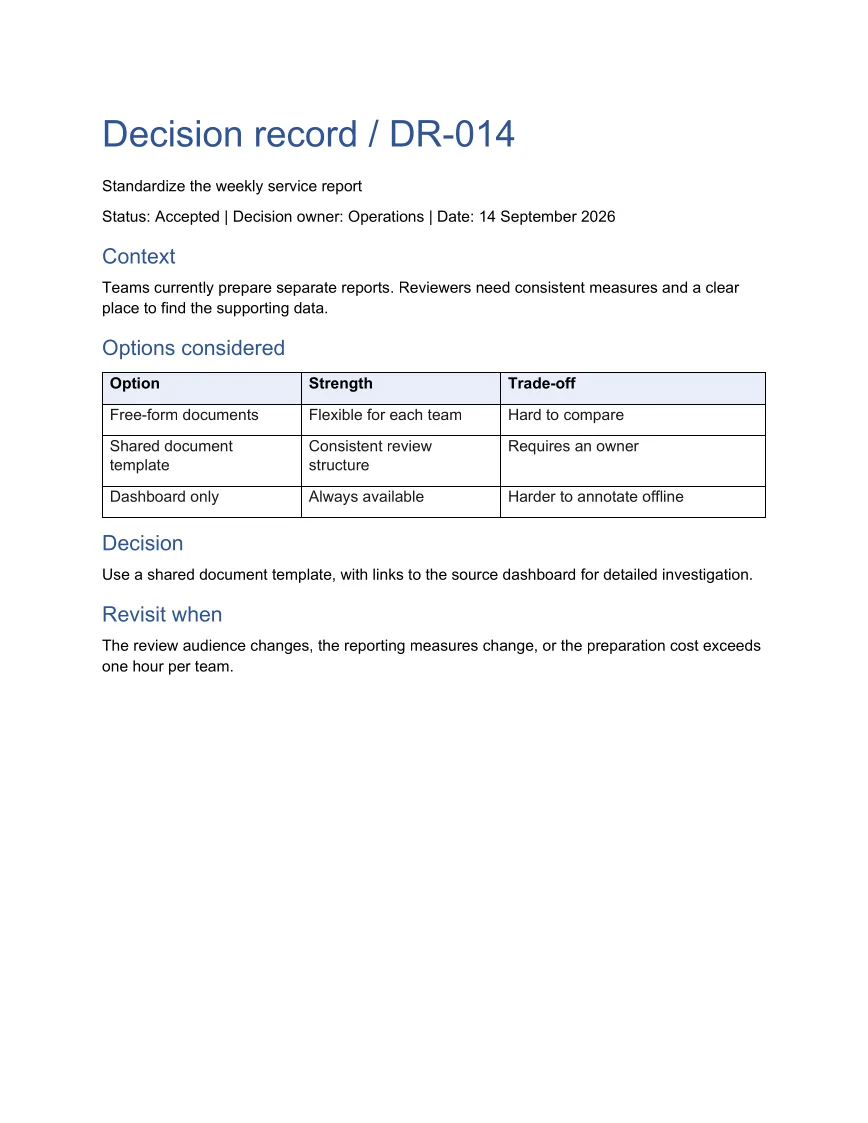 Generated Word example: An editable decision record