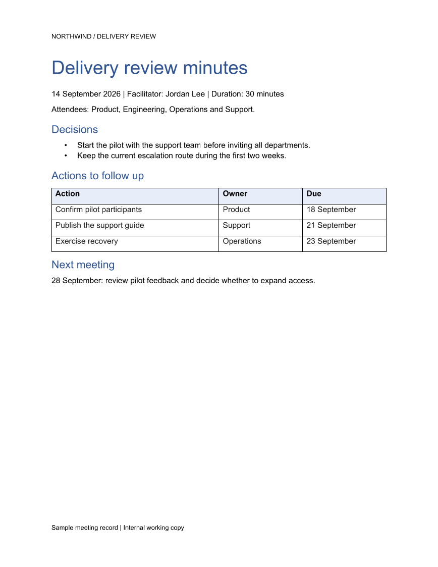 Generated Word example: Meeting minutes and actions