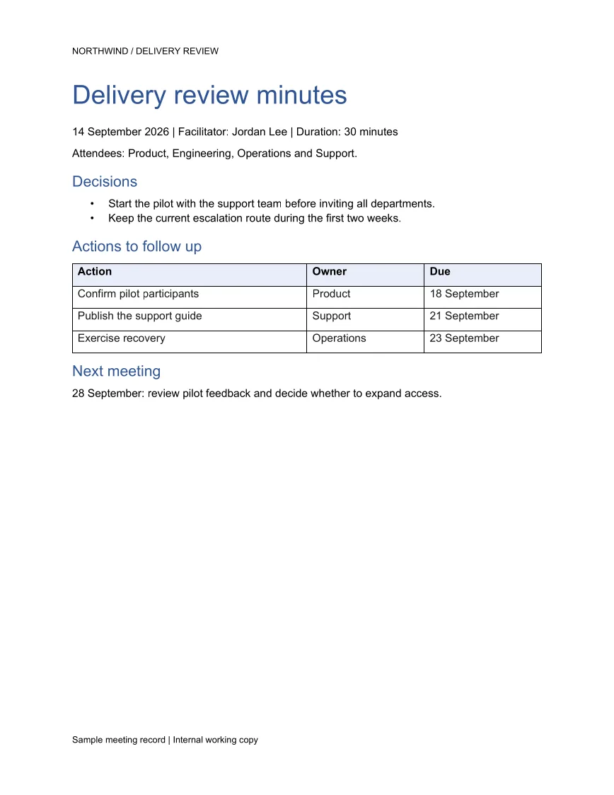 Generated Word example: Meeting minutes and actions