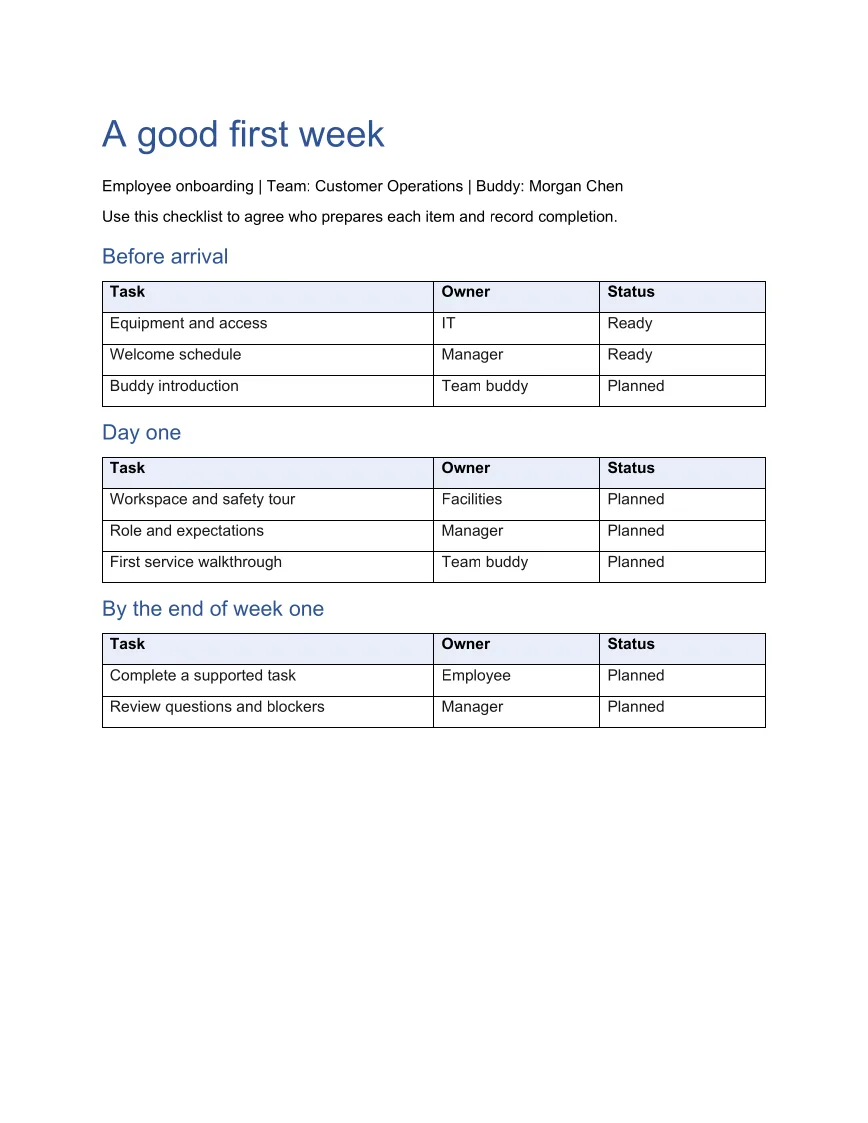 Generated Word example: Employee onboarding checklist