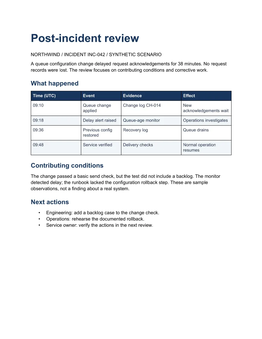 Generated Word example: Post-incident review timeline