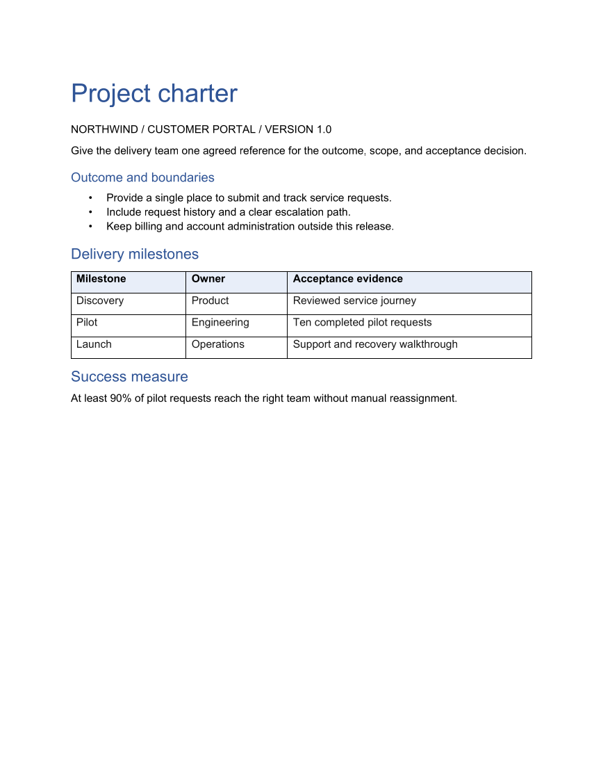 Generated Word example: Project charter