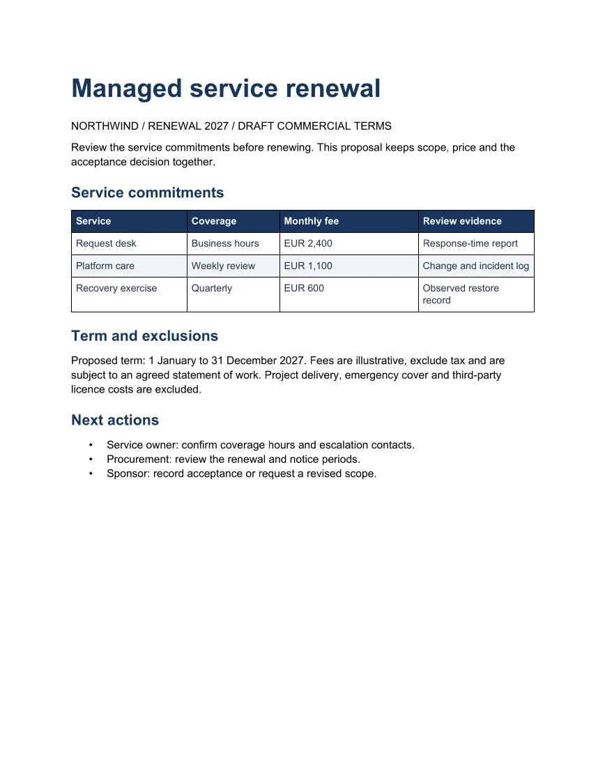 Generated Word example: Managed service renewal proposal
