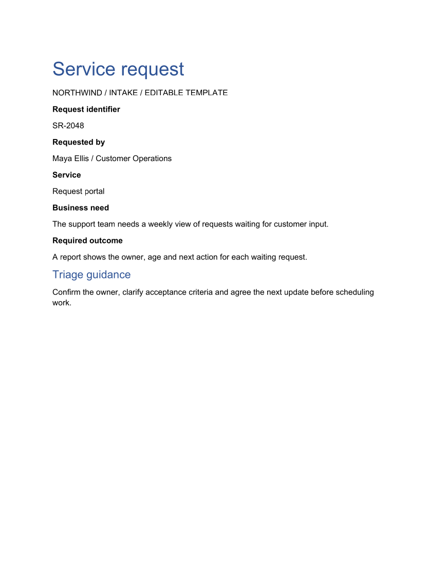 Generated Word example: Reusable service intake template
