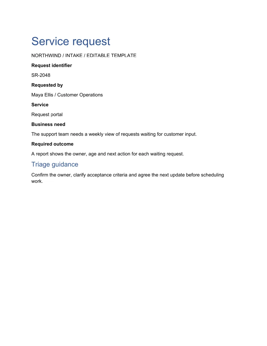 Generated Word example: Reusable service intake template