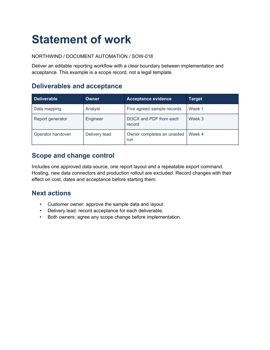 Generated Word example: Statement of work and acceptance